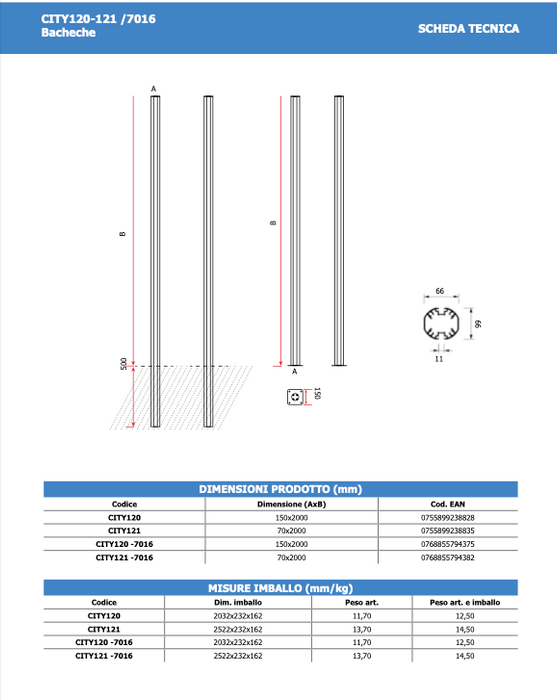 Montante per Bacheche Certificate Grigio RAL7016