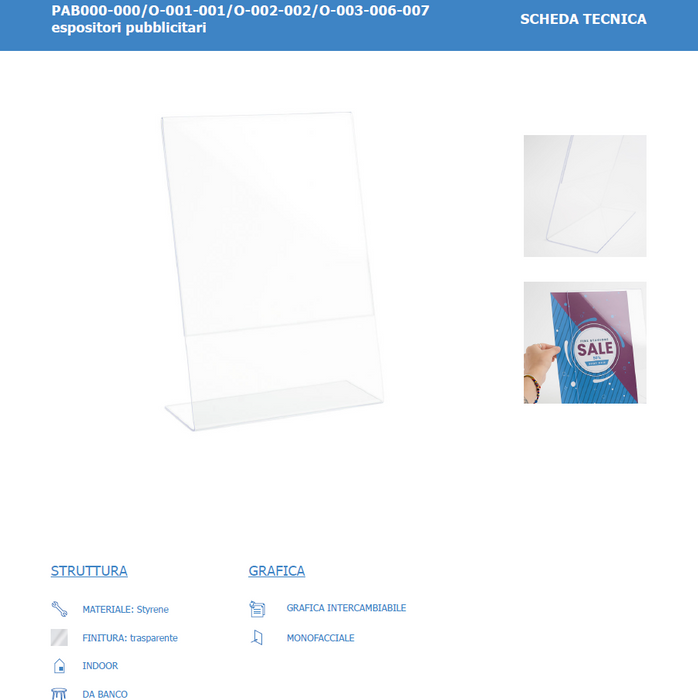 Porta avvisi da banco in Plexi con base a L Monofacciale