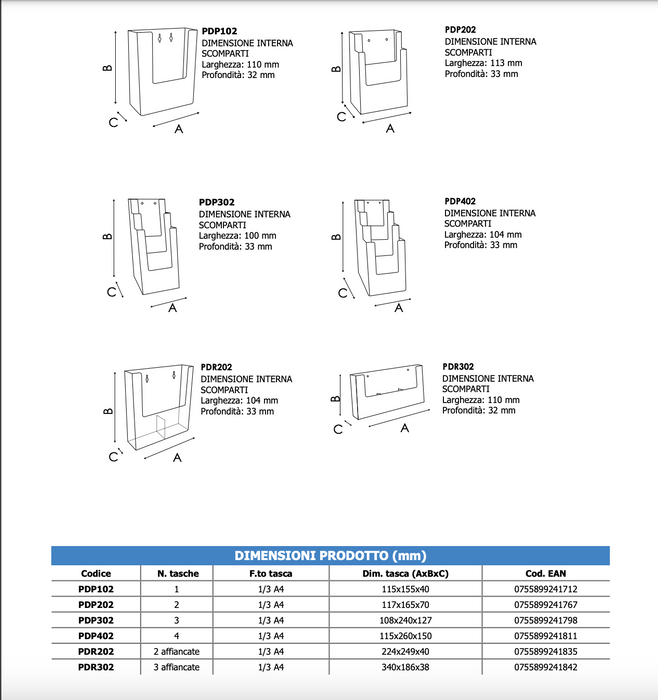 Portadepliant da parete 4 tasche 1/3 A4