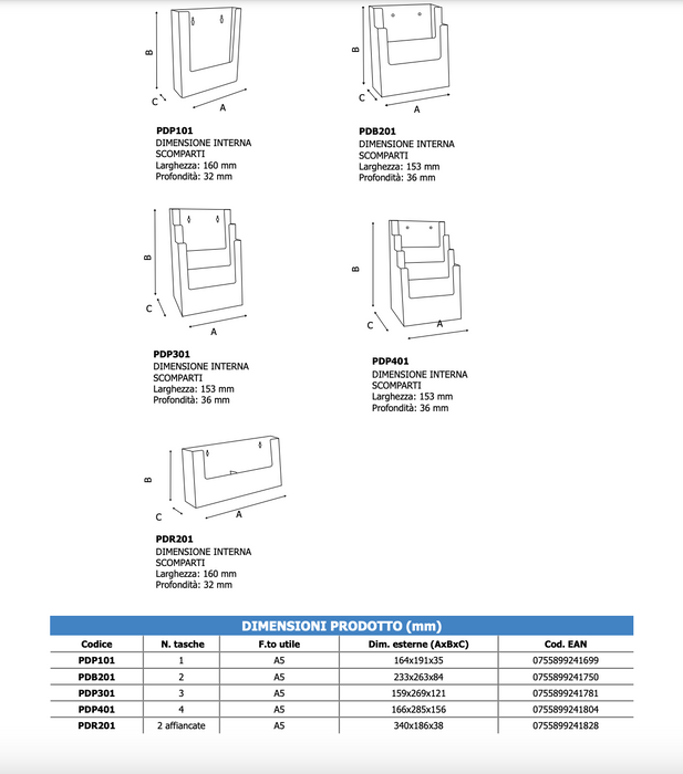 Portadepliant da parete 3 tasche A5 Verticale