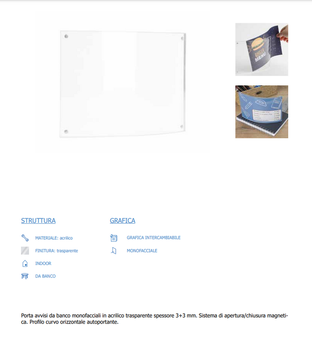Porta avvisi da banco magnetico profilo curvo Monofacciale Orizzontale