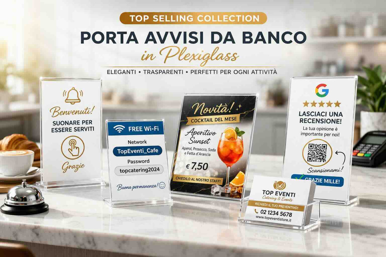 Porta avvisi da banco da parete e autoportanti in plexiglass trasparente