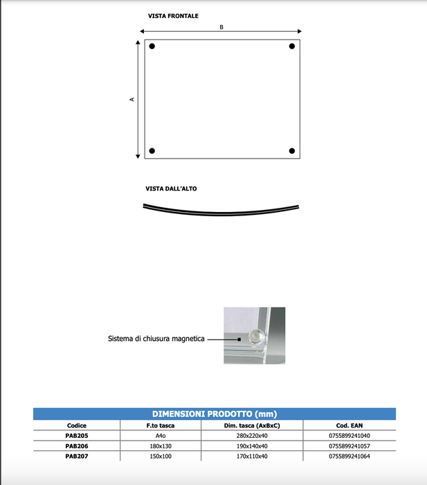 Porta avvisi da banco magnetico profilo curvo Monofacciale Orizzontale