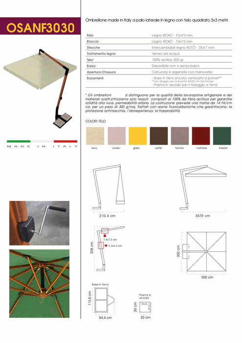 Ombrellone in legno a braccio telo quadrato Made in Italy Ecru