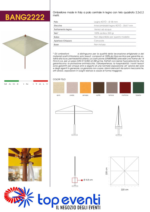 Ombrellone in legno palo centrale telo quadrato Made in Italy