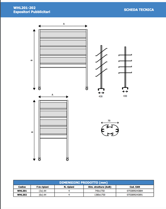 Espositore con 4 ripiani 6 A4 in lamiera microforata