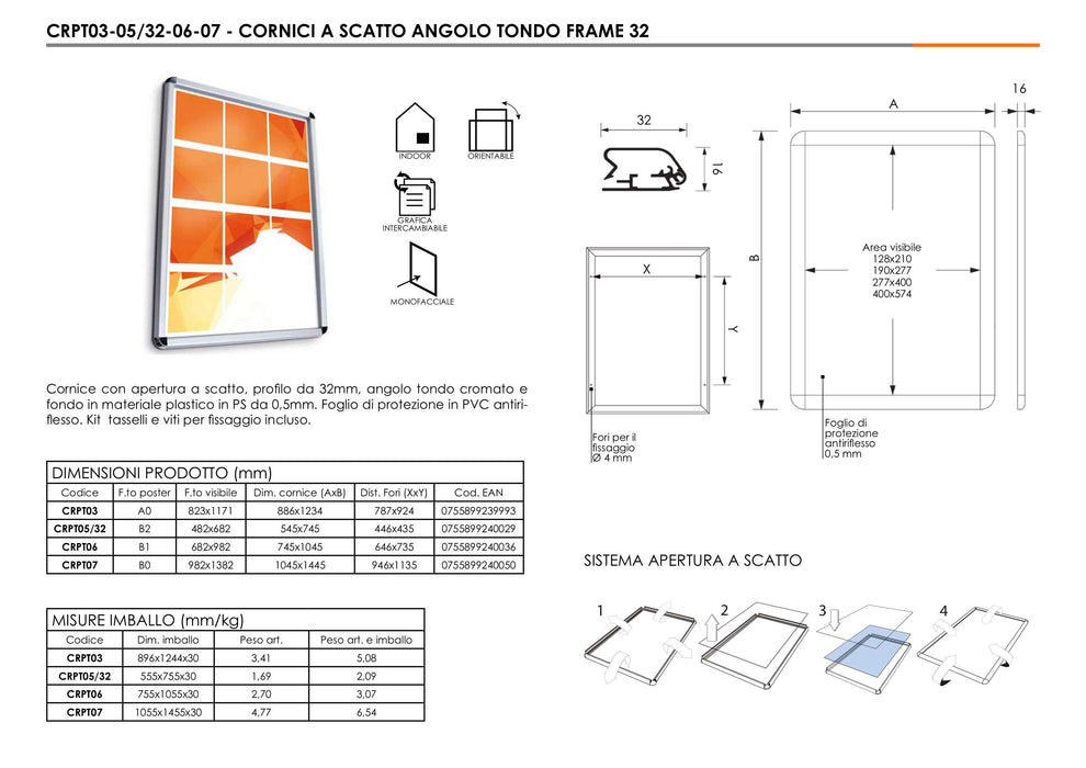 Cornice a scatto 50 x 70 profilo 32 mm angolo tondo