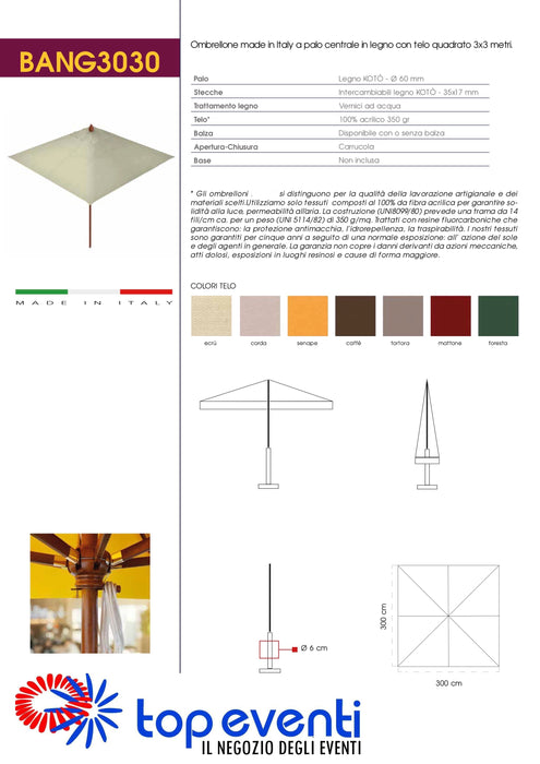 Ombrellone in legno palo centrale telo quadrato Made in Italy